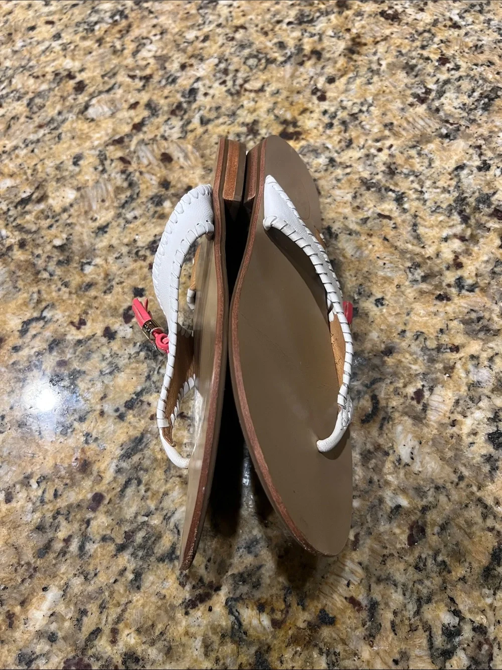 Jack Rogers White Leather Thong Sandals with Pink Tassel Accents